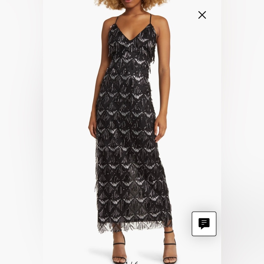 Lulu’s Marvelous Moment Black Sequin Fringe Maxi Dress